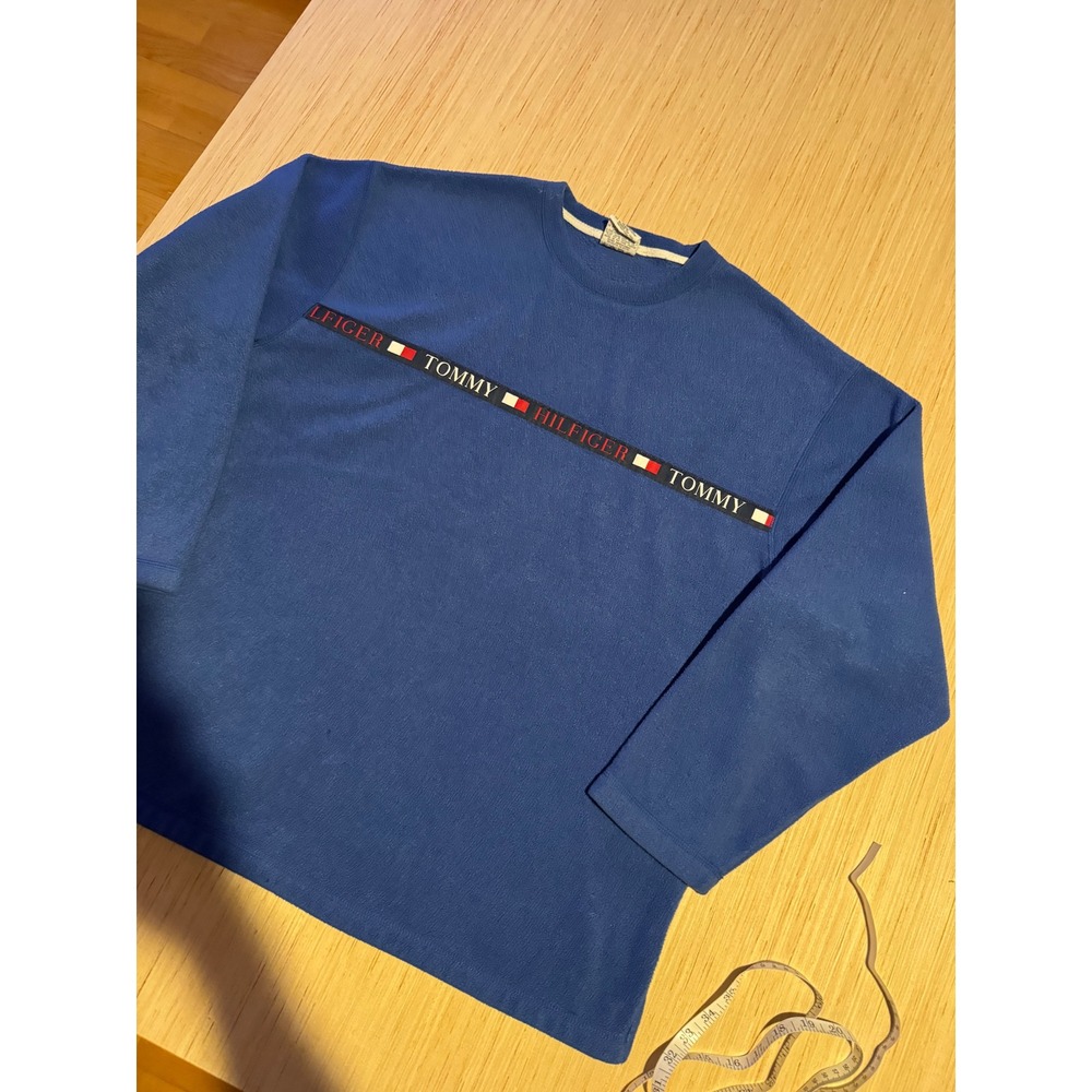 Vintage Tommy Hilfiger Jeans Fleece Sweatshirt Blue Logo Tape Pullover Mens L 37